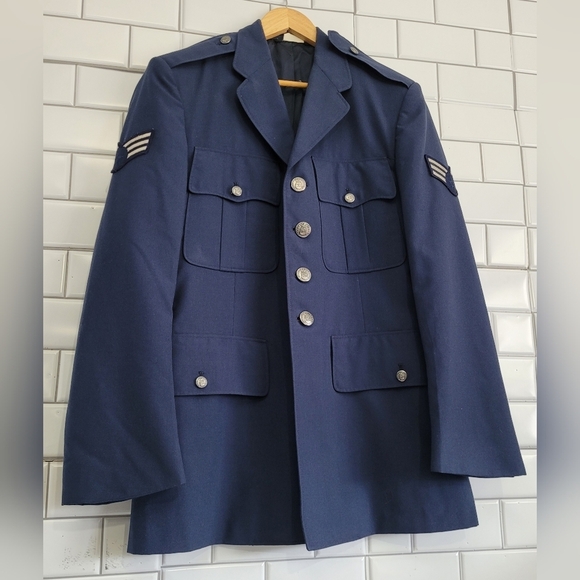 Men’s Navy Blue AF Uniform Jacket Vintage? Front Lapel Pockets Shoulder Sleeve C